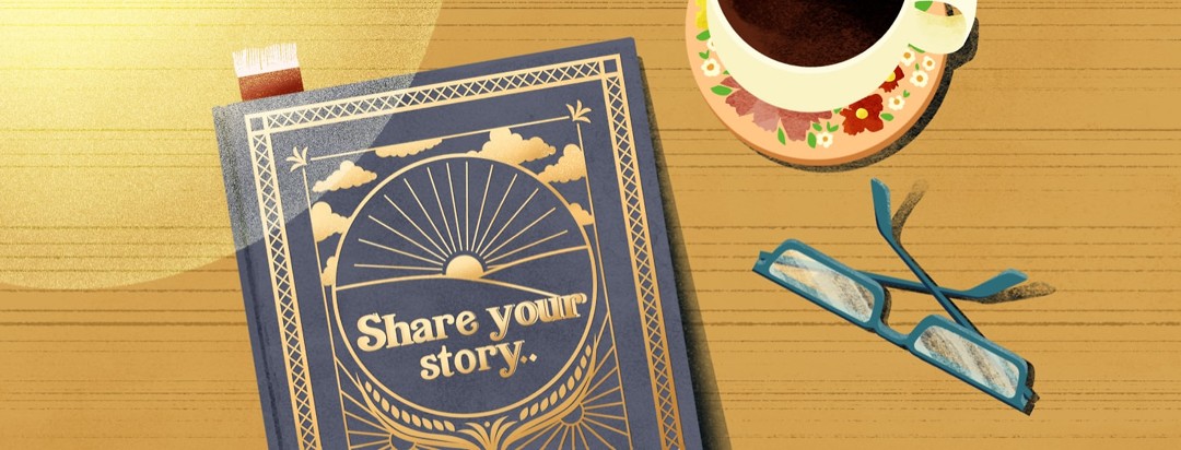 A book that says share your story on it