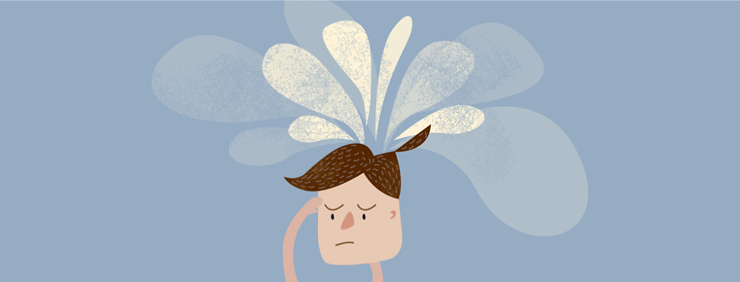 A man has illustrative thought bubbles circling around his head, with a confused look on his face.