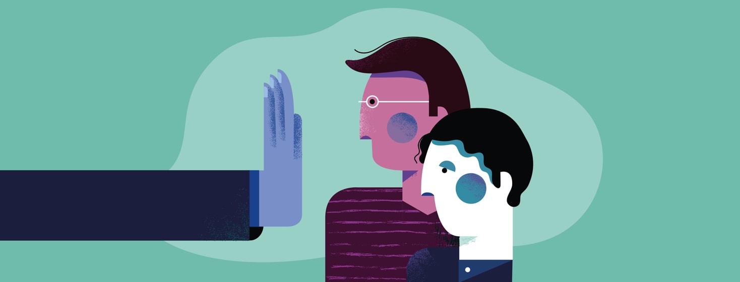 Hand held up denying access to two people requesting medication