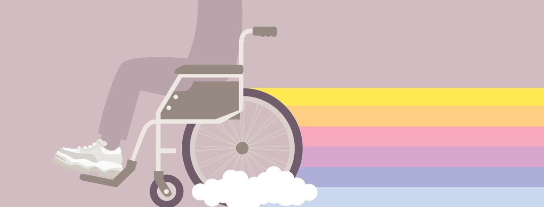 Person in a wheelchair trailing a rainbow symbolizing inspiration behind them