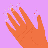 Hand with pins stuck in the finger tips representing pins and needles pain