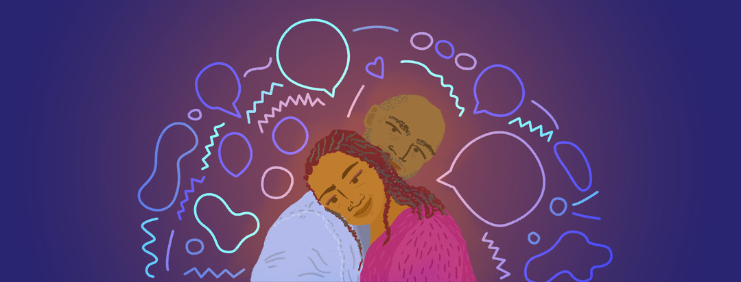 A woman with braids rests her head on the shoulder of a man who rests his head on her head behind her. Talk bubbles, hearts, and other communication symbols surround them.