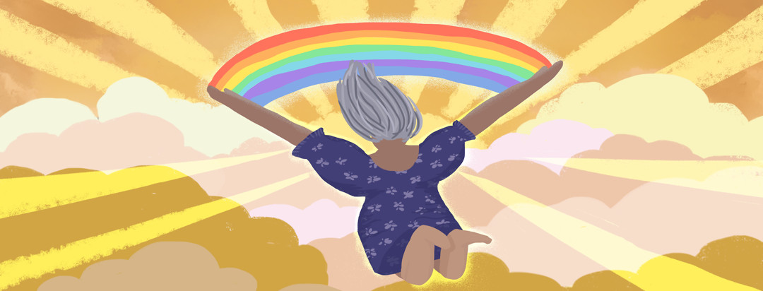 Woman holds a rainbow between two outstretched arms while she jumps through the clouds. Beams of light emanate from her.