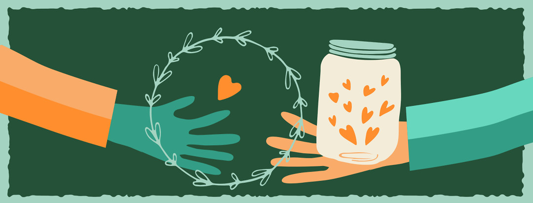 Two hands reaching out with a jar of hearts in the middle.