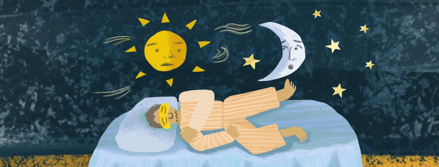 Man wearing pajamas sleeps with unease; the sun and the moon above him exchange concerned looks among stars.