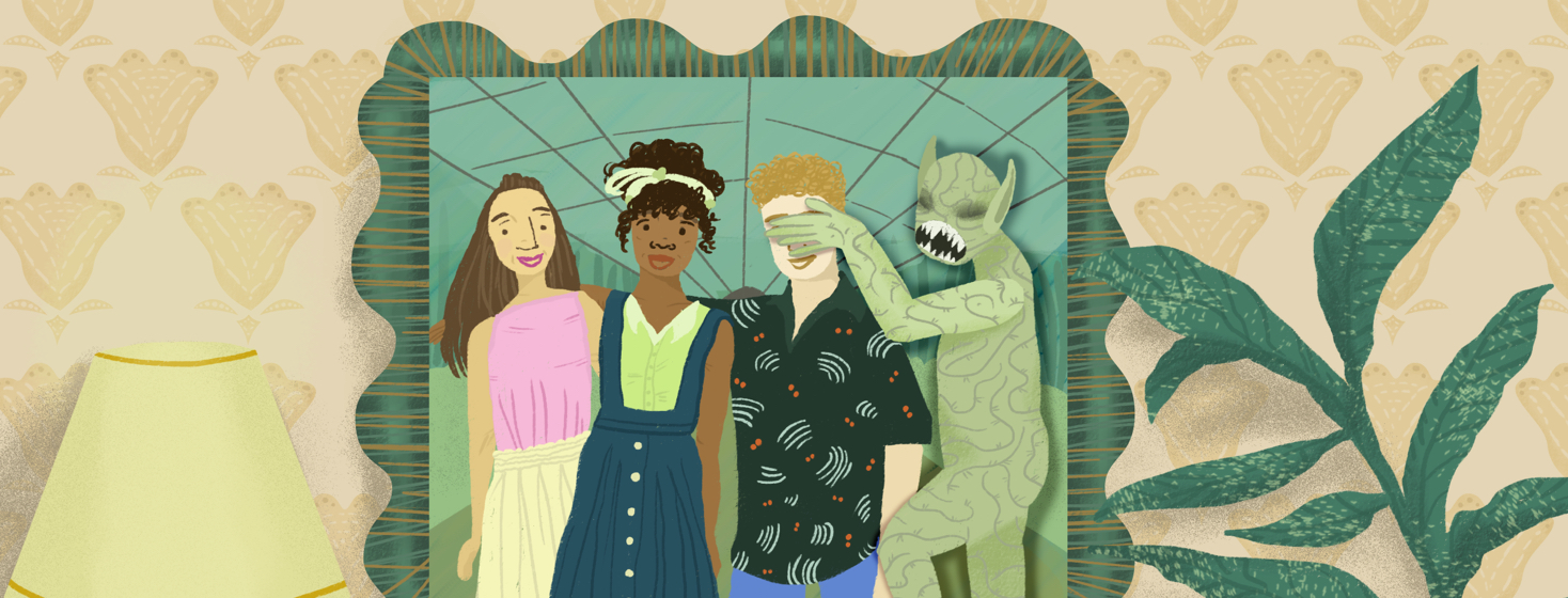 A group of family and friends experience a monster encroaching upon them in a family photo.