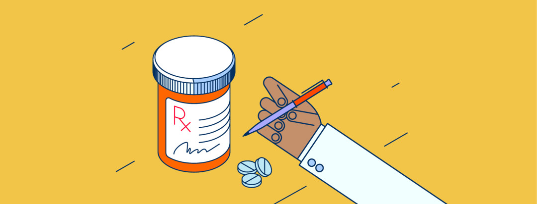 A doctor prescribes a bottle of pills to a patient.
