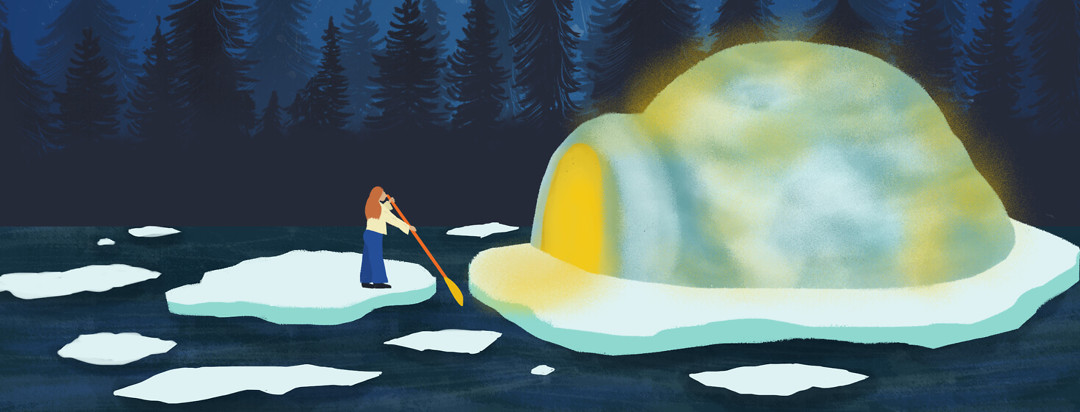 A person with long hair paddles from one piece of ice to a floating glacier with a lit up igloo.