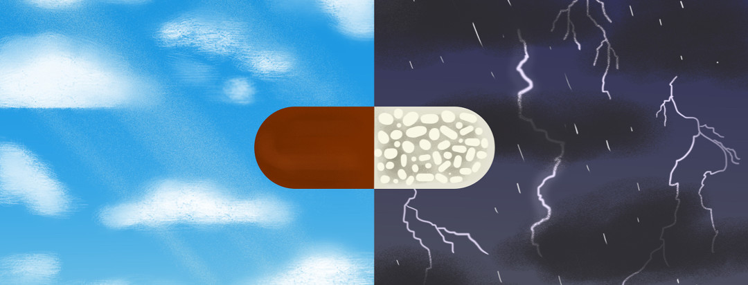 A half-capped pill floats in front of one side with clouds and light rays and another side with storm clouds, rain, and lightning bolts.