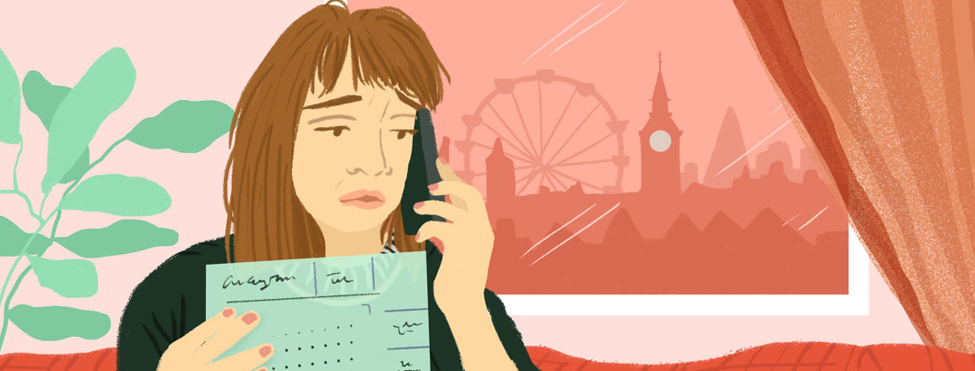 A woman with a distressed expression holds a phone to her ear and holds a UK prescription form. The London skyline is featured in a window behind her.