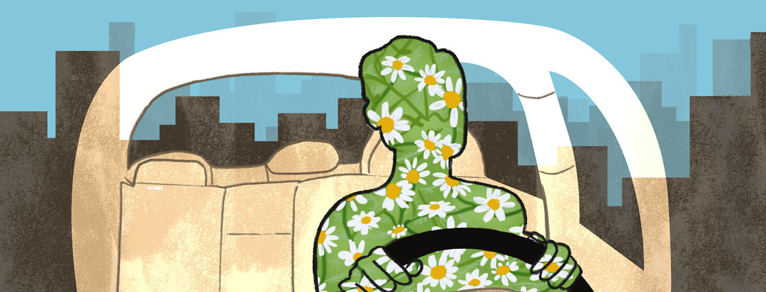 Person sits in car behind wheel; a dark city landscape hovers behind them. Their body is shown as a field of daisies.