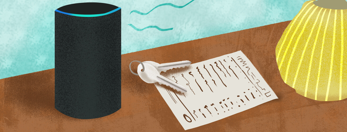 Alexa assistive device featured on an entryway table with keys, shopping receipt, and lamp.