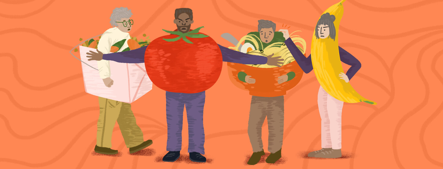 People dressed as ramen, takeout, tomato, and banana conflict with each other.