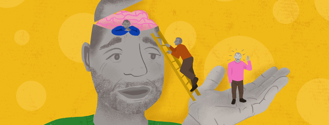 Person with open head revealing brain helps mini personified thoughts come out to chat on his palm.