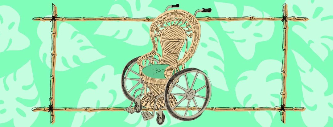 Wicker wheelchair with Swiss cheese plants floating behind sugar cane frame.