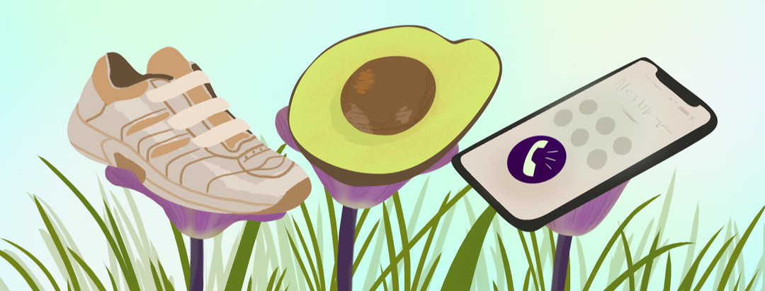 Blossoming tulips of velcro sneaker, avocado, and cell phone with grass and sunny sky.