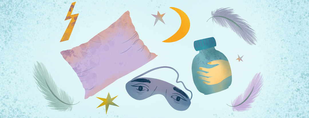 Pillow, eye mask with tired eyes, down feathers, pill bottle with hand, lightning bolt, stars, moon crescent.