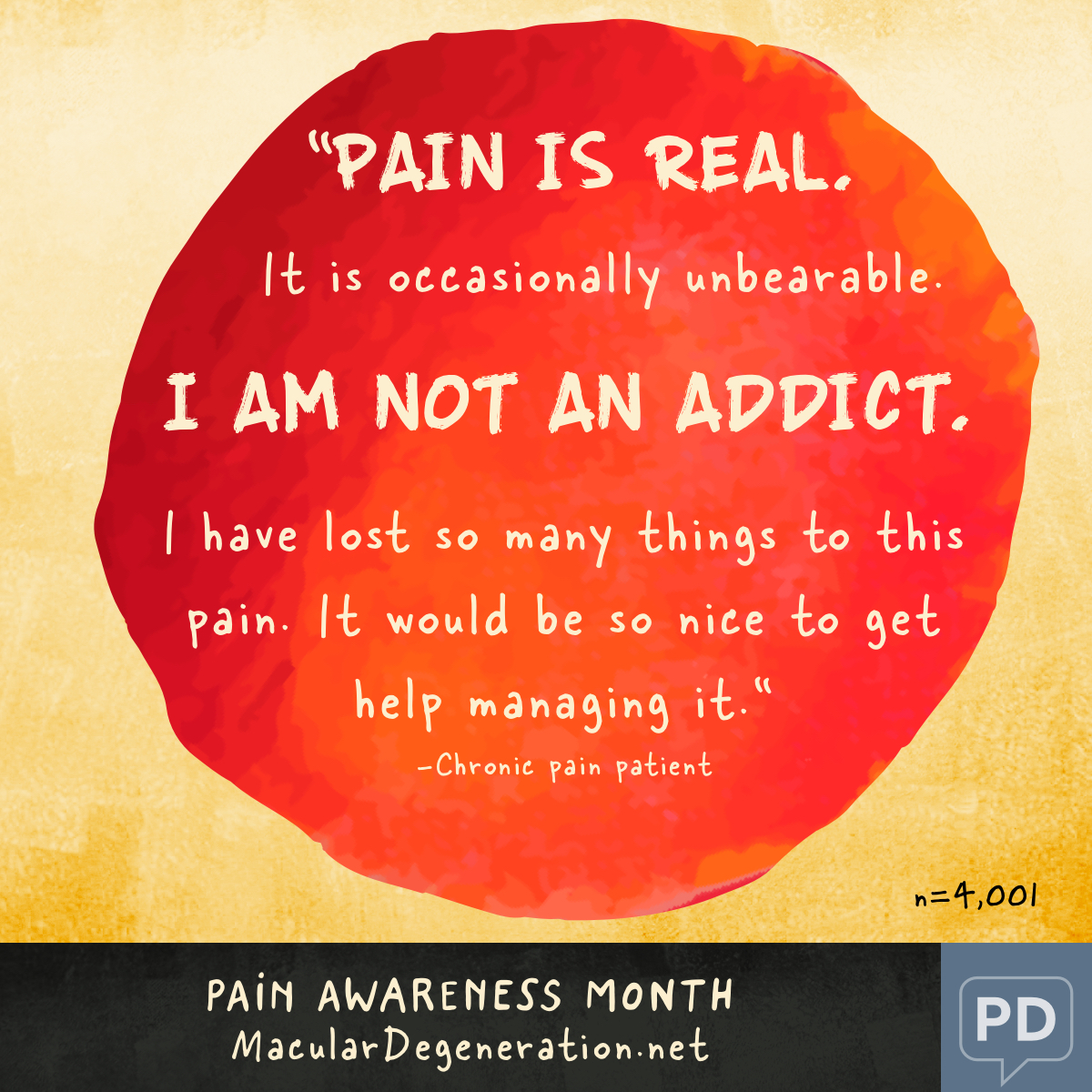Quote describing pain as real, unbearable, and life changing. They are not an addict and just want help with the pain