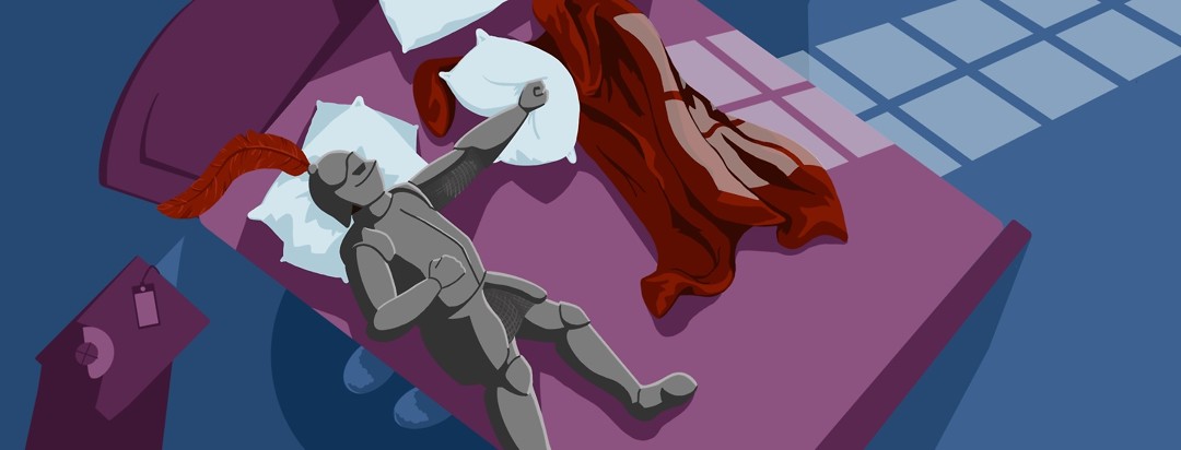 A knight in armor lying in a bed, punching a pillow and blanket.