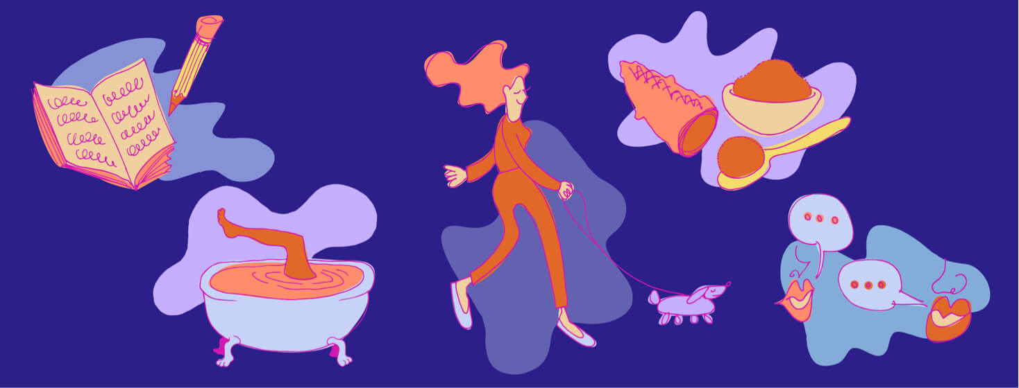 Bubble featuring self-care elements including bubble bath, journaling, food, dog walking.