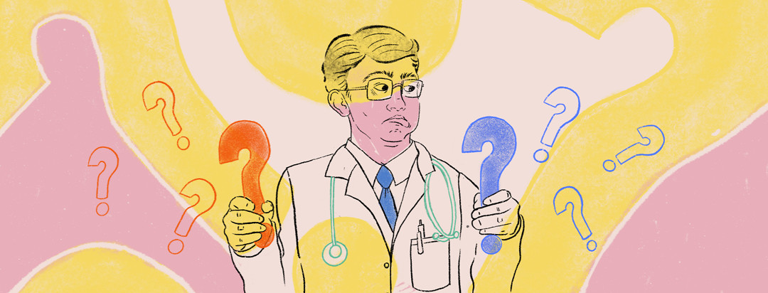 Doctor holding a different colored question mark in each hand looking puzzled