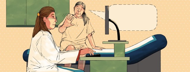 A doctor is focused on typing on a computer while a patient in a hospital gown is trying to get her attention but is fading into the background. The dotted outline of a speech bubble is coming out of the patient's mouth.