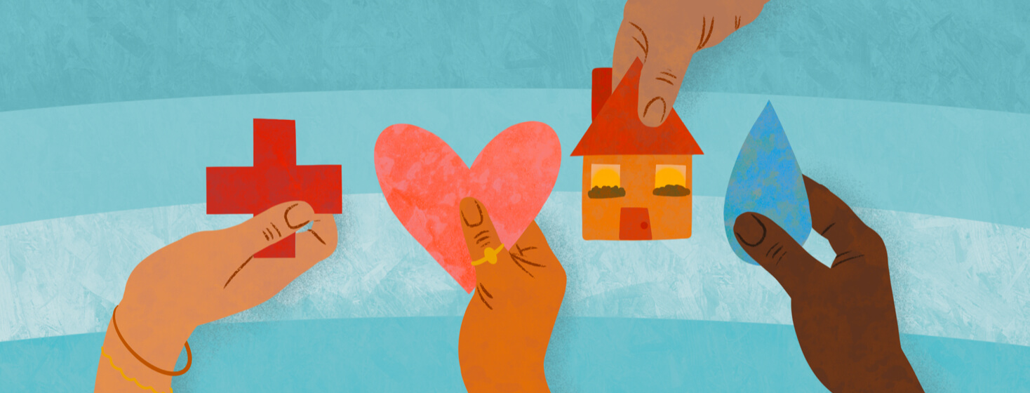 Diverse hands holding medical red cross, heart, home, tear drop.