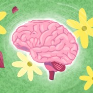A glowing brain surrounded by happy daisies and hearts.