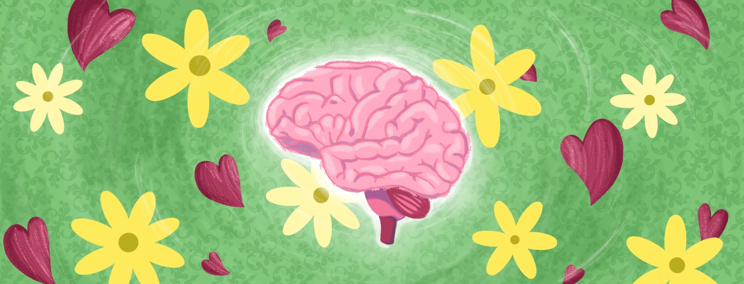 A glowing brain surrounded by happy daisies and hearts.