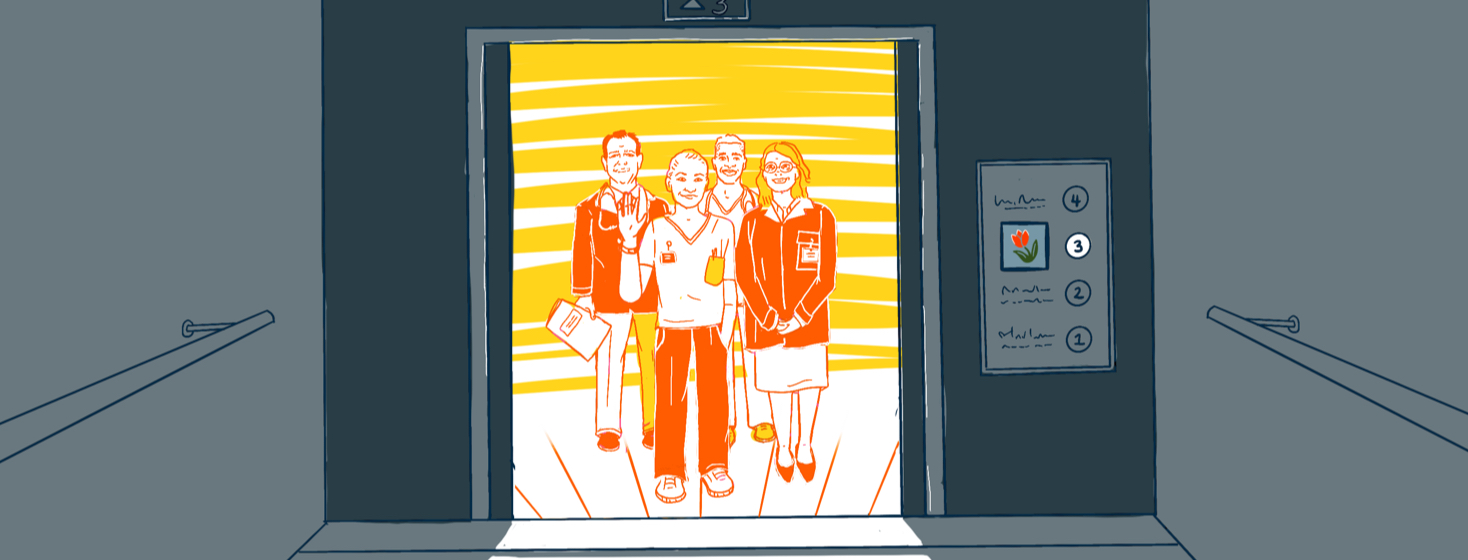 Team of healthcare professionals waiting happily outside of an elevator