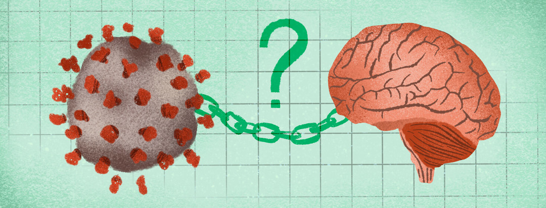 Link between COVID-19 molecule and brain with question mark above