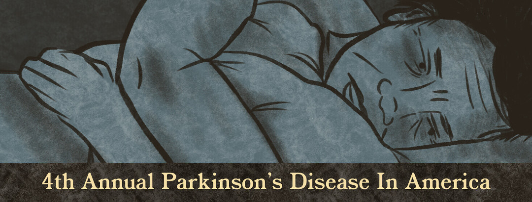 Asian man curled up with pillow with text reading, '4th Annual Parkinson's Disease in America'