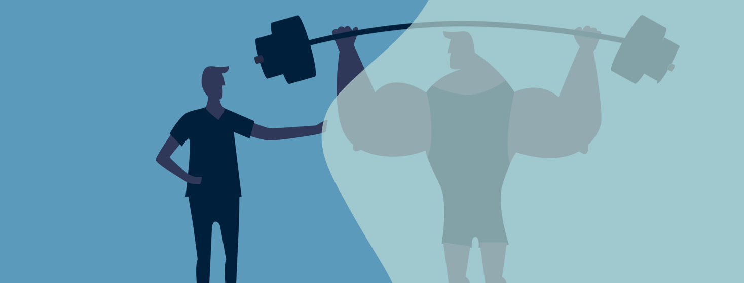 Thin man draws sheer curtain over a version of himself with large muscles holding weight above his head.