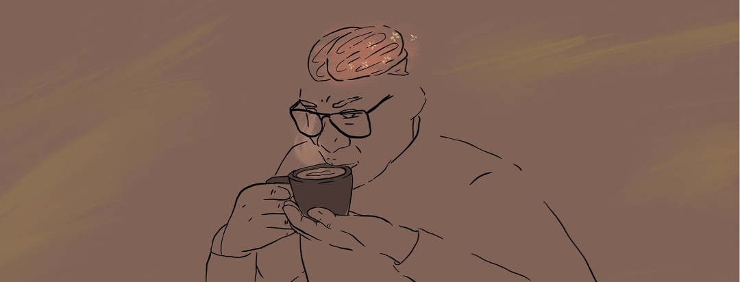 Person drinking coffee with brain visible and electricity sparks shown on brain