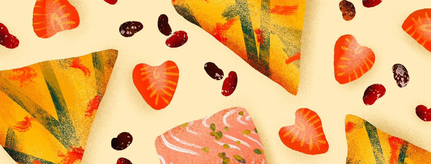 Pattern featuring vegetable egg frittata, salmon, beans, strawberry slices