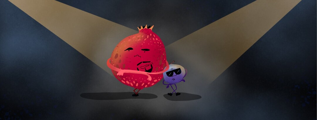 Pomegranate and grape leaning on each other in a cool pose with spot lights on them