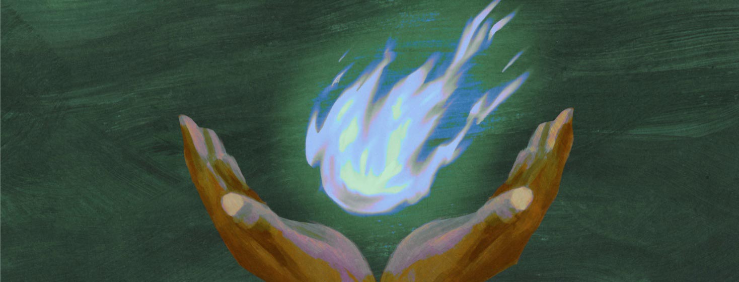 A pair of hands cupping blue flame