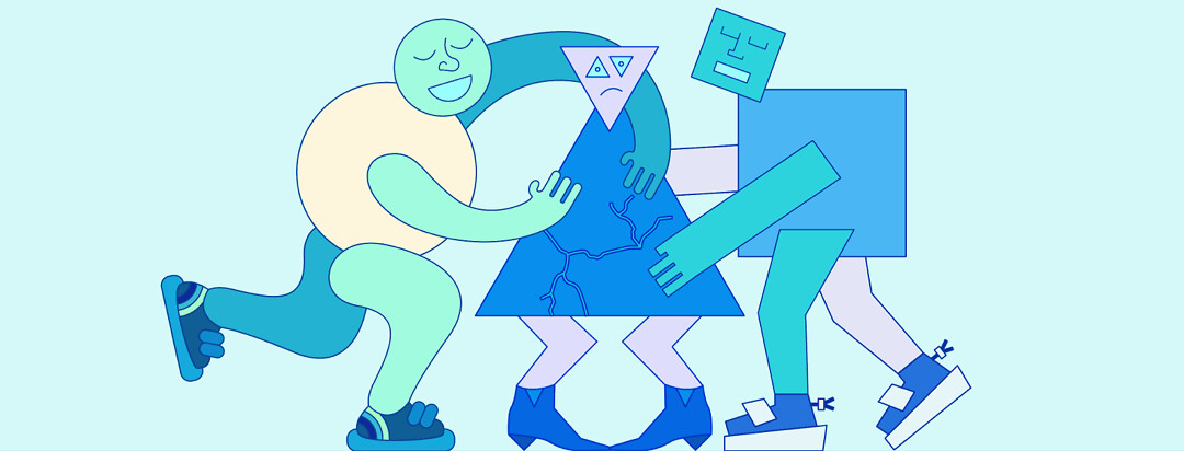 Geometric shaped family hugs a mother whose body is cracking and whose face shows distress