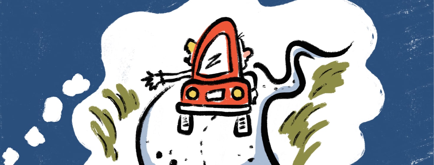 A thought bubble with a red car driving down a long, winding road with 2 people inside looking out the windows