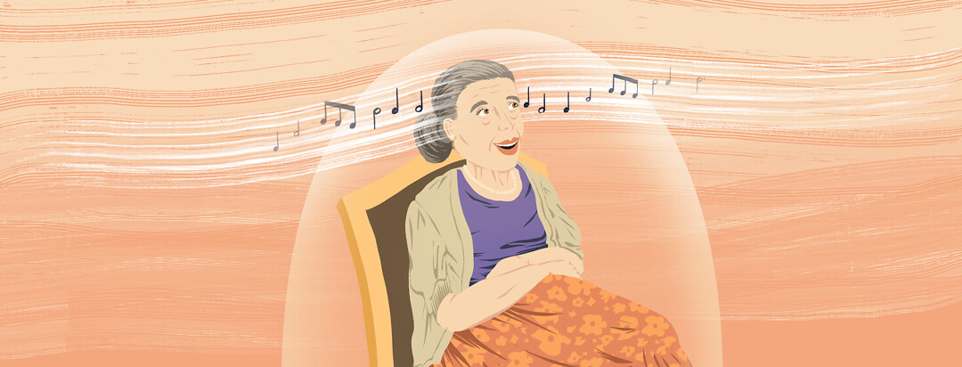Older woman listening to music while going through parkinsons disease treatment.