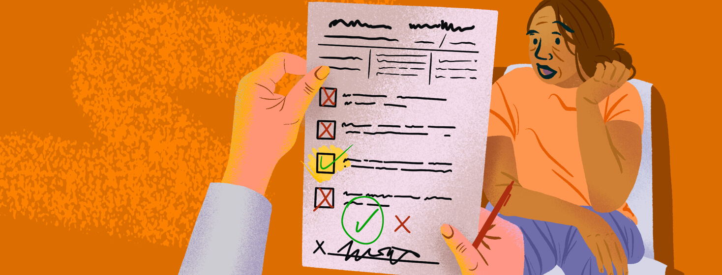 Doctor holds up diagnosis sheet while patient looks unexpectedly shocked