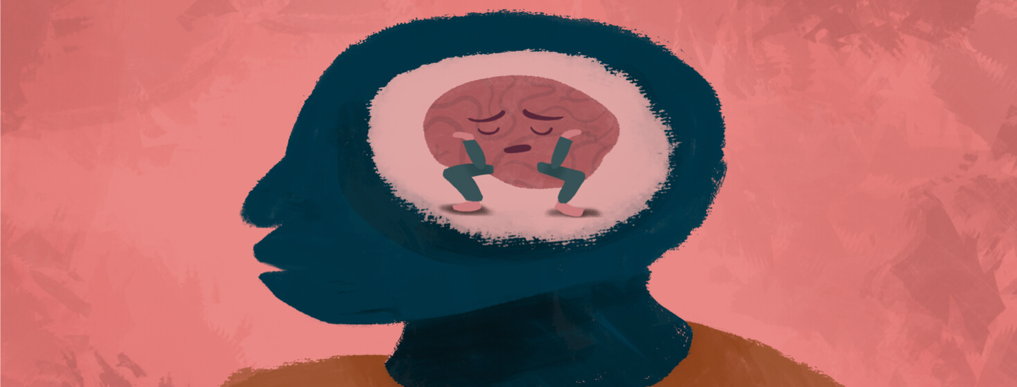 Profile of a man cast in shadow to highlight an anthropomorphic brain looking frustrated with its face in its palms