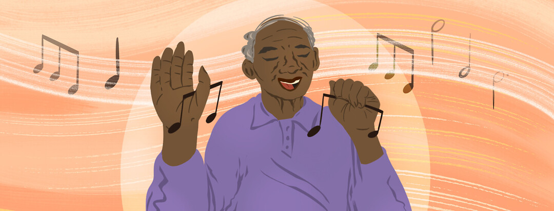 Elderly man dances while holding musical tunes in his hands