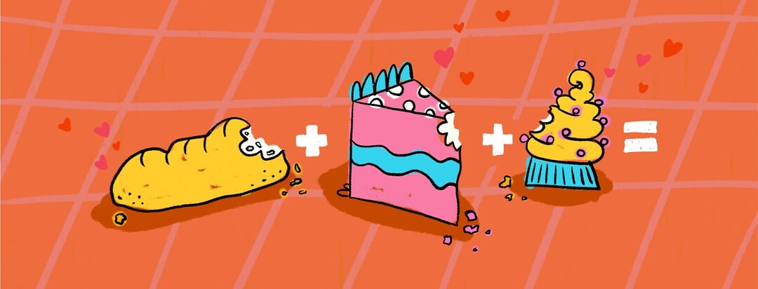 A loaf of bread plus a slice of cake plus a cupcake with an equal sign at the end