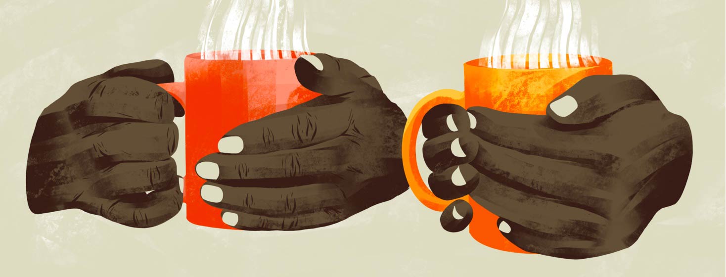 Two sets of hands (one with more wrinkles) each hold a mug full of a steaming beverage.