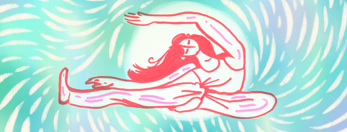 Woman sitting down stretches body in yoga pose