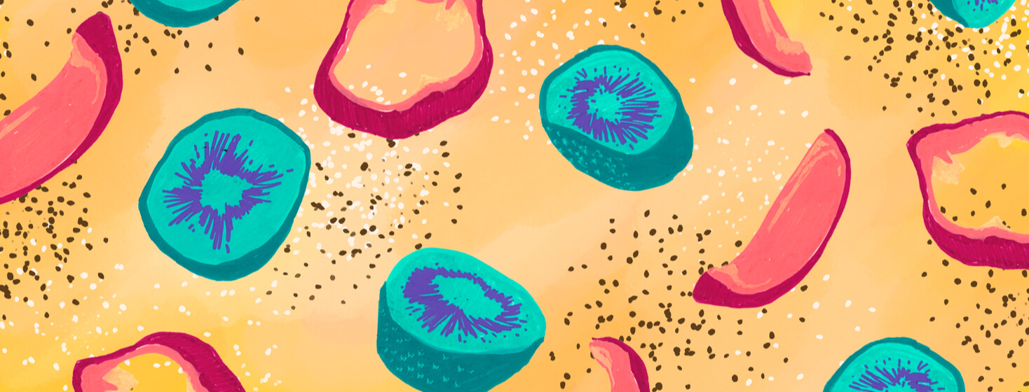 Pattern of kiwis, flax seeds, and red peppers