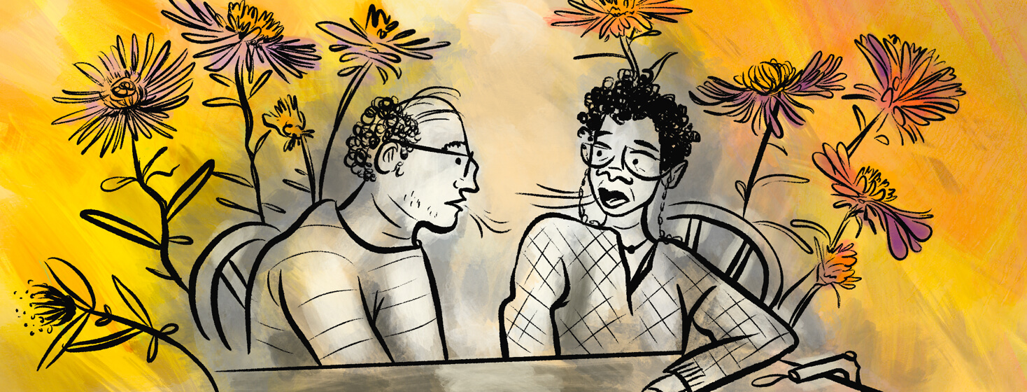 A pair of friends talk at a table in grayscale, while colorful flowers symbolizing their pasts bloom behind them