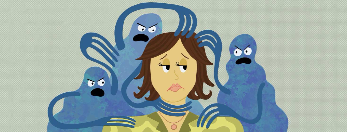 A woman being annoyed by angry, blue gremlins. The gremlins have long fingers that are all up in her face.