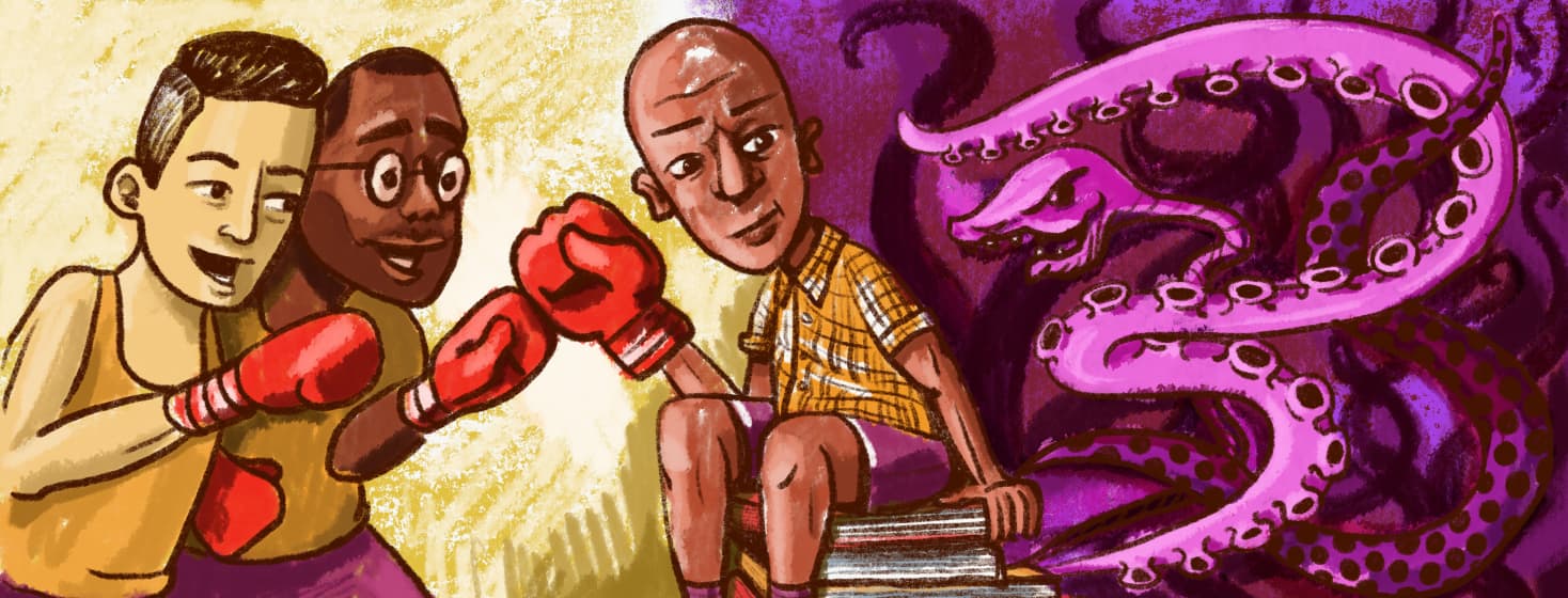 a man sitting on a pile of research books looks over his shoulder at the monsters emerging from the pages. But his friends fist bump him with their boxing gloves